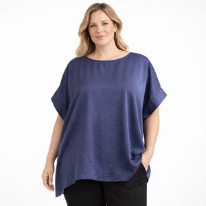 Navy Blue Satin Suede Look Women's Blouse Cuffed Sleeves Keyhole Back Closure XL